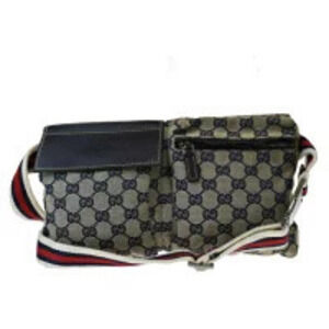 Gucci Sherry Waist Pouch Clutch Bag GG Navy Blue Red Canvas Leather